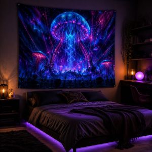 VIKAMA Mushroom Jellyfish Blacklight Tapestry Neon Ocean Wall Hanging Psychedelic Blanket for Bedroom Dorm Decor