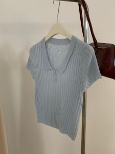 Áo Thun Tay Ngắn Mỏng Bằng Lụa Băng Màu Xanh Lam Cổ Polo Mùa Hè Dành Cho Nữ Áo Ngắn Kiểu Pháp Độc Đáo Áo Thun Ôm Vừa Vặn