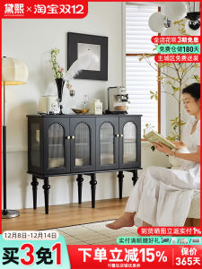 DaiXi French Vintage Solid Wood Sideboard Living Room Coffee Cabinet Glass Wine Cabinet Black Storage Organizer