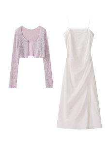 French Style Long Sleeve Maxi Dress Set with Strap Design High Waist Summer New Arrival Womens Gown by Lu Xiang Nan