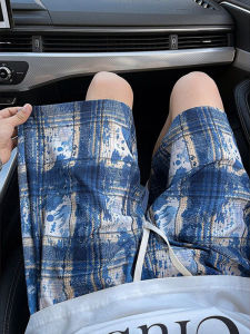 Quần Short Nam Họa Tiết Kẻ Sọc Xanh Cổ Điển Mùa Hè Mỏng Nhuộm Sợi Mực Thể Thao Quần Dài Năm Điểm Phong Cách Đường Phố Mỹ