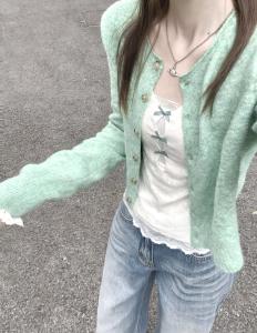 Áo Len Cardigan Dệt Kim Màu Xanh Lá Cây Thời Trang Phong Cách Hàn Quốc Mùa Đông 2025 Áo Khoác Ngoài Cổ Tròn Dài Tay Cho Nữ