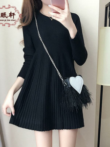 Thickened Korean Style Womens Dress Mid-Length Autumn Winter A-Line Sweater Dress Slimming Puffy Collar Pin Header