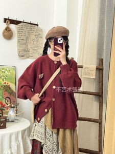 Fall and Winter Ancera Red round-Neck Sweater Cardigan Female Preppy Style Cute Lace All-Matching Sweater Coat Top