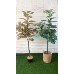 Pohon Artificial Tanaman Hias Daun Karet Merah Muda / Hijau Tua X3 T140 Cover Pot Eceng Gondok Handle Dekorasi Ruang Tamu