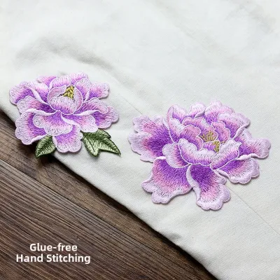 Embroidered DIY Peony Flower Cloth Patch Hand Sewing Clothing Qipao Decoration Repair Fabric Accessories Home Sewing Materials