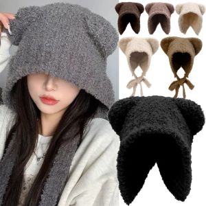 New Y2K Bear Ears Beanie Hat for Women Girls Autumn Winter Warm Thickened Ear Protection Caps Versatile Casual Bomber Hats Japanese and Korean Style