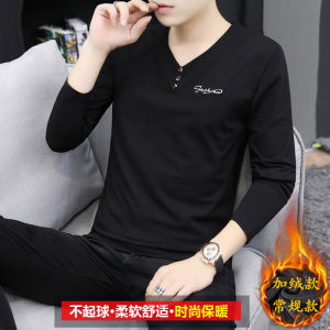 Autumn Winter Fleece Long Sleeve Mens T-Shirt Pure Cotton V-Neck Base Shirt Trendy Brand Youthful Style Standard Fit Daily Wear