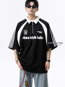 NANSSE | Letter Print Half Zipper Casual Short Sleeve Polo Shirt Summer