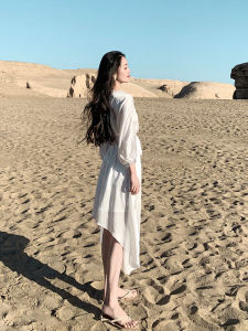 Autumn New Style Small Size Beach Dress White Long Sleeve Womens Waist Cinching Slimming Asymmetrical Elegant Long Dress