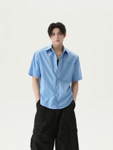 Turn Tide Mens Loose Fit Short Sleeve Shirt Pure Color Lead Bone Pleat Outerwear Youthful Trendy Cleanfit Summer Casual Wear