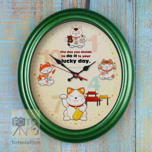 Chiming Melody Wall Clock with Maneki Neko Lucky Cat. "The day you decide to do it is your Lucky Day. -Japanese proverb". Melody hourly alarm.