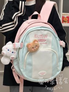 Color Block Lightweight Backpack for High School Students Traveling Ladies Style Double Layered Zipper Soft Polyester