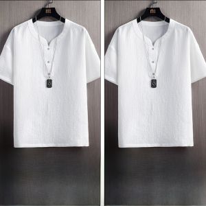 ROMON | เสื้อยืดแขนสั้นผ้าไหมน้ำแข็งฤดูร้อนบางคอวีสำหรับผู้ชาย ผ้าฝ้ายลินิน ชุดจีน แฟชั่นสำหรับผู้ชาย ลำลอง ใส่สบาย เสื้อตัวบน