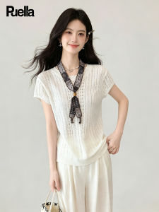 puella | Feminine Korean Style Hollow Out Flutter Sleeve with Silk Scarf Top