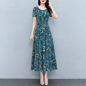 Váy Voan Họa Tiết Hoa Tay Ngắn Mùa Hè Cho Phụ Nữ Trung Niên Dáng Chữ a Cạp Cao Váy Midi Chữ a Dáng Thon Gọn