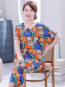 Moms Cotton Silk Sleepwear Short Sleeve Home Clothes Set Large Size Comfortable Breathable Summer Casual Fashion Womens Pyjamas