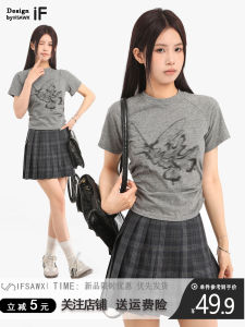 Gray Bows Print Shoulder Short Sleeve T-Shirt Womens Summer Asymmetrical Ruched Silm Waist Trimming Short Tops