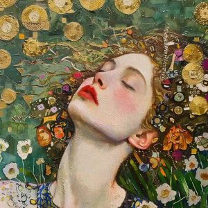 Tranh trừu tượng người chân dung cô gái và hoa.Tranh treo tường dán tường trang trí nội thất.CGI-927