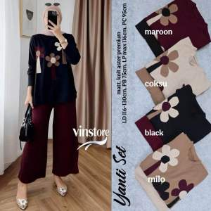 Setelan Cantik Terbaru Bahan Knit Snowy Premium Kombinasi Motif Bunga Matahari Celana Kulot