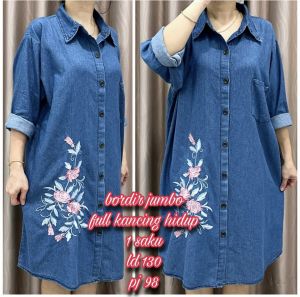 DRESS JEANS JUMBO / TUNIK JUMBO BORDIL BUNGA LD 130 (UKURAN SESUAI KETERANGAN PADA GAMBAR )