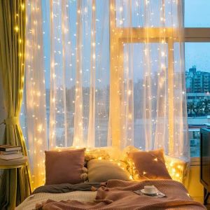Remote Copper wire curtain light LED  Remote Control Window Curtain String Fairy Light strings Waterproof New year Christmas Decoration 300 lights fairy lights decor Home Garden Party Wedding Lights for Room Curtain Light with Hook 8 Modes