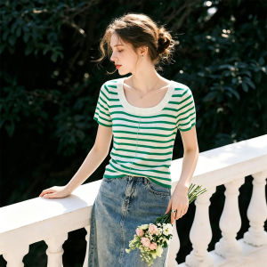 puella | French Design Squared Neckline Slimming Short Sleeve Knit Top