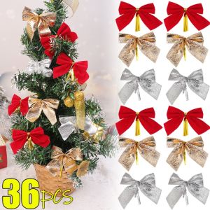 🎄🎅36PCS Christmas Bow Decor Red Gold Silver Velvet Bow Xmas Tree Pendant New Year Party Garland Gift Decoration DIY Handmade Supplies