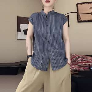 UYFY | Chic Stripe Sleeveless Stand Collar Shirt Womens Summer New Large Size Elegant Ageless Shoulder Baring Shirt Commute Style