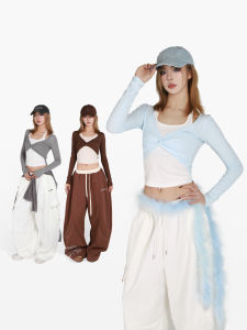 POOKIE Long Sleeve Casual Neck Hanging T-Shirt Womens Jazz Dance Loose Versatile Slimming Hot Girl Top Skin-friendly Breathable