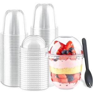 Bộ 50 Cốc Ăn Tráng Miệng Có Nắp Đậy Nhựa Kem Mousse Pudding Ly Cho Tiệc Dã Ngoại Đóng Gói Dung Tích 250/360/500ML Dụng Cụ Làm Bánh