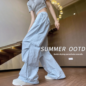 Blue Lightweight Quick Dry Womens Cargo Pants Summer Loose Fit Straight Leg Casual Trousers High Waist Wide Leg Pants