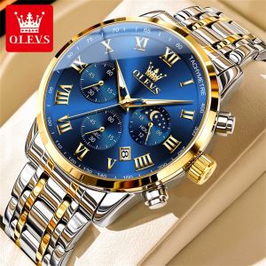OLEVS Jam Tangan Pria dewasa 2024 Terbaru Original Multifungsi Luminous Fashion Fase Bulan Analog Chronograph Stainless Steel Jam Tangan Cowok