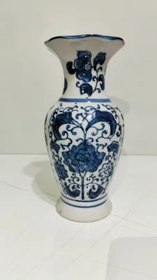 guci keramik cina putih biru/pot keramik putih biru/vas keramik putih biru M