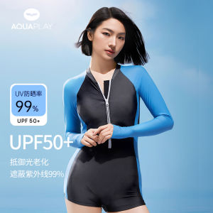 AquaPlay womens long sleeved sunscreen black blue color blocked flat corner one-piece swimsuit looks slim and quick drying professional surfing and diving swimsuit