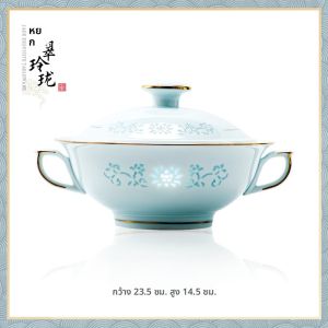 ชุดจานมุงล้ำค่า ชุดจานมุงลายสไตล์จีน ชุดจานมุงลายหยก ชุดจานมุงลายหยก เย็บขอบสีทอง ชุดจานมุงลายหยก