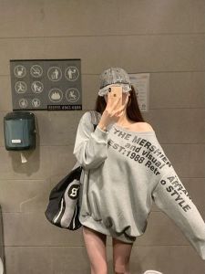 New American Style Thin Letter Shoulder Hoodie Womens Spring Autumn Loose Lazy Diagonal Shoulder Long Sleeve Top Grey