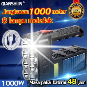 🌞Lebih terang dari matahari 🌞QIANSHUN Senter led super terang Senter LED chargeable Senter LED max Senter cas 8 LED+Pengisian tenaga surya White light rechargeable 1 jam promo 1000 meter Senter lampu