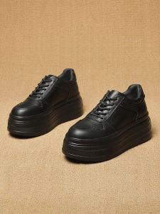 Womens Thick Bottom Casual Shoes 2025 New Style British Style Black Heightening Flat Leather Clog Trendy European Goods
