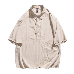 Casual Loose Fit Summer Polo Shirt for Men and Women Retro Japanese Style Pure Color Short Sleeve Work Shirt Streetwear