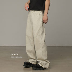 Retro American Washed Denim Jeans Mens Brown Spring New Loose Straight Leg Wide Leg Long Pants Cotton 100% Youth Zipper