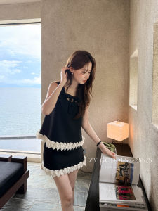 Summer 2025 Korean Design Butterfly Knot Lace Edge Vest Set French Missy Short Skirt Two Piece Set round Neck Short Sleeve