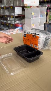 กล่องข้าวพลาสติก กล่องอาหารพลาสติก 2ช่อง 880 ml. ฐานดำ TB-750-2 แพคละ 25 ชุดพร้อมฝา ยี่ห้อNEXTECH เข้าไมโครเวฟได้