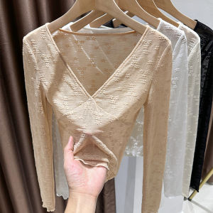 Elegant V-Neck Long Sleeve Womens Base Shirt Lace Underwear Fashionable Inner Wear Commute Style Pure Color Korean Version