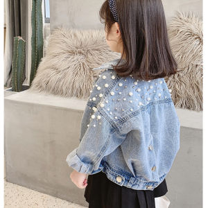 Spring Autumn Fashionable Pearl Decorated Denim Jacket for Girls Boys Kids Clothing Korean Style Cotton Material Jacket
