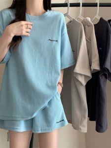 Womens Sportswear Set Summer Loose Fashion Short Sleeve Running Casual Two-piece Korean Style Polyester Fiber round Neck
