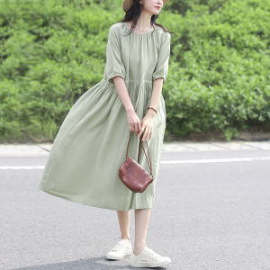 Mei Tsai Summer Travel Dress Womens A-Line Skirt Full Linen Material Bubble Sleeve round Neck Single Piece Vintage Style Dress