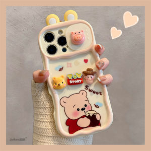 Cute Cartoon Bear Pull-Out Lens Phone Case for 13/14 15Promax 16 New Model Female Version Handheld Lanyard Silicone Protective Shell
