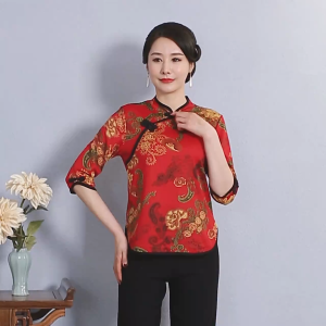 Yitiaoyu Womens Chinese Style Cheongsam Top Loose T-shirt Bottoming Shirt