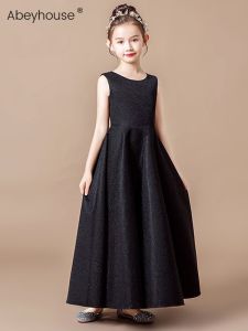 Girl Long Black Evening Dress Childrens Costume for Piano Performance Model Catwalk Princess Dress Kids Host Dress